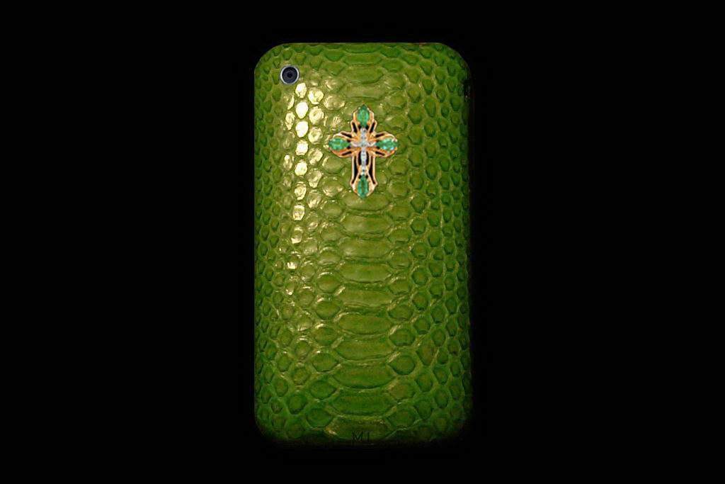 Apple iPhone Genuine Leather MJ Handmade - Python Green with Emerald Gems